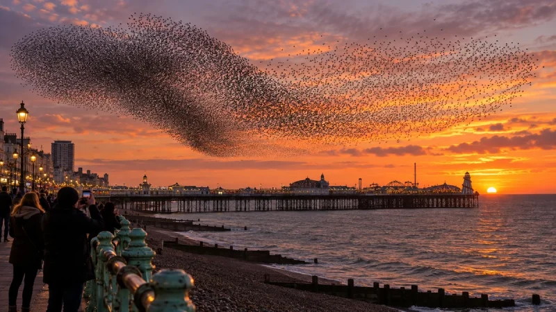 À la tombée du jour, le ciel de cette ville anglaise se remplit de milliers d’étourneaux